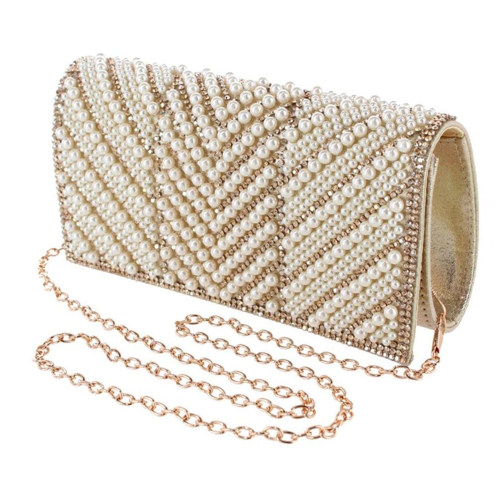 CTM Women's Synthetic Rhinestone and Pearl Evening Clutch Handbag